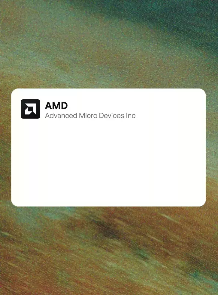 AMD stock pick card showing 30.4 percent potential, entry $207, stop $185, current plus 21.8 percent, backed by DC revenue plus 39 percent YoY and Meta deal